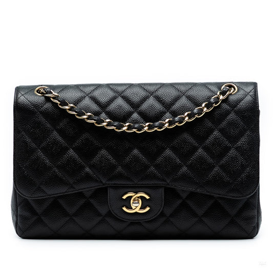 Second hand Chanel Classic Double Flap Jumbo Matelassè Caviar Leather Flap Handbag Black - Tabita Bags
