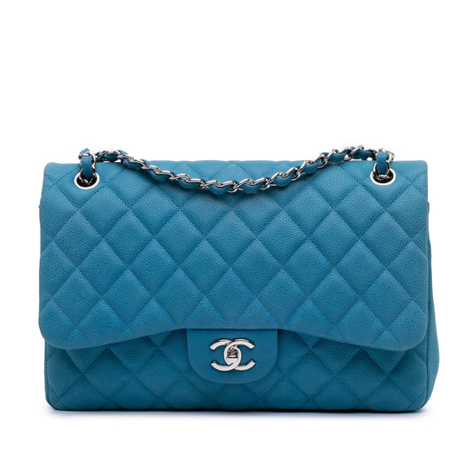 Second hand Chanel Classic Double Flap Jumbo Matelassè Caviar Leather Flap Handbag Blue - Tabita Bags