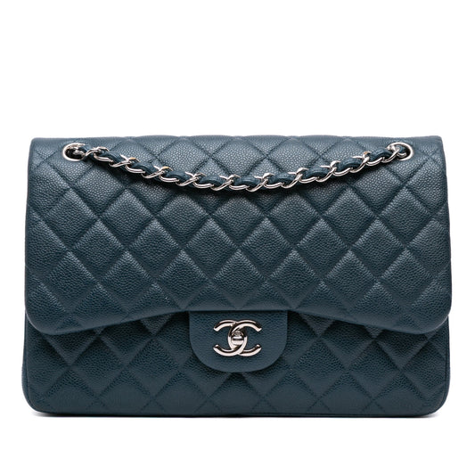 Second hand Chanel Classic Double Flap Jumbo Matelassè Caviar Leather Flap Handbag Blue - Tabita Bags
