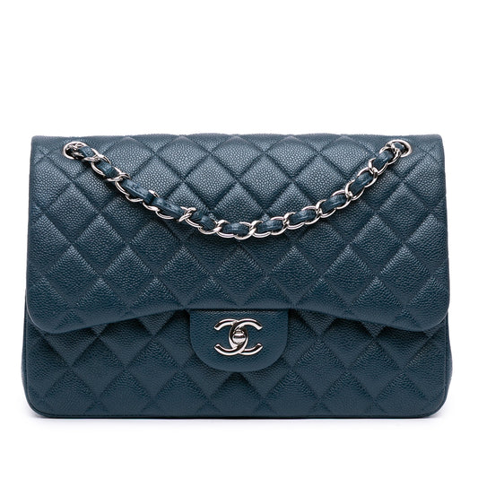 Second hand Chanel Classic Double Flap Jumbo Matelassè Caviar Leather Handbag Blue - Tabita Bags