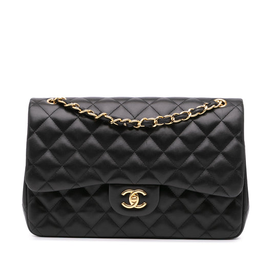 Second hand Chanel Classic Double Flap Jumbo Matelassè Lambskin Leather Flap Handbag Black - Tabita Bags