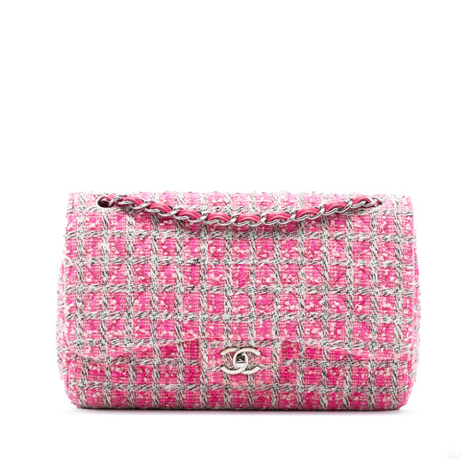 Second hand Chanel Classic Double Flap Jumbo Tweed Handbag Pink - Tabita Bags