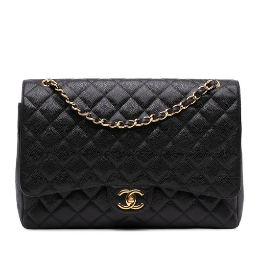 Second hand Chanel Classic Double Flap Maxi Caviar Leather Quilted Shoulder Bag Black - Tabita Bags