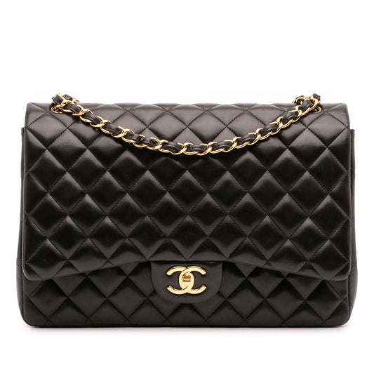Second hand Chanel Classic Double Flap Maxi Lambskin Leather Chevron Shoulder Bag Black - Tabita Bags