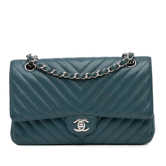 Second hand Chanel Classic Double Flap Medium Caviar Leather Chevron Shoulder Bag Blue - Tabita Bags