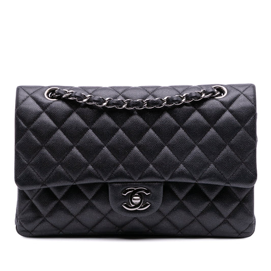 Second hand Chanel Classic Double Flap Medium Caviar Leather Matelassè Shoulder Bag Black - Tabita Bags