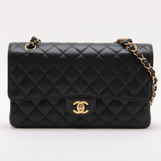 Second hand Chanel Classic Double Flap Medium Caviar Leather Matelassè Shoulder Bag Black - Tabita Bags