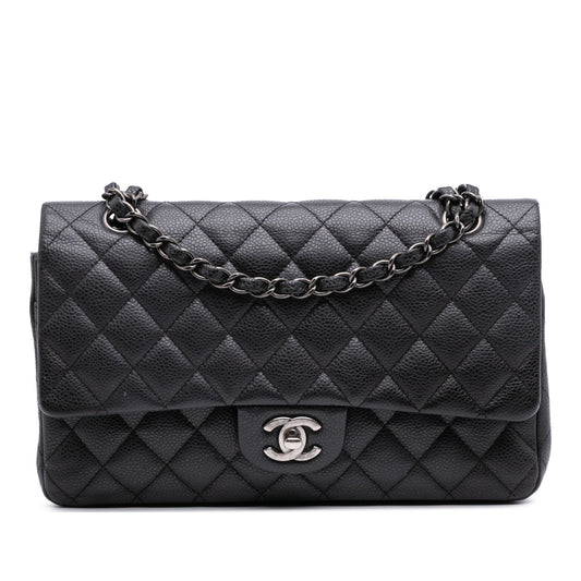 Second hand Chanel Classic Double Flap Medium Caviar Leather Matelassè Shoulder Bag Black - Tabita Bags