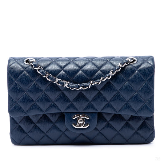 Second hand Chanel Classic Double Flap Medium Caviar Leather Matelassè Shoulder Bag Blue - Tabita Bags