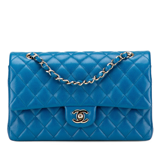 Second hand Chanel Classic Double Flap Medium Caviar Leather Matelassè Shoulder Bag Blue - Tabita Bags