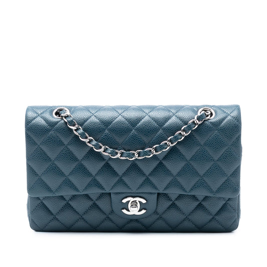Second hand Chanel Classic Double Flap Medium Caviar Leather Matelassè Shoulder Bag Blue - Tabita Bags