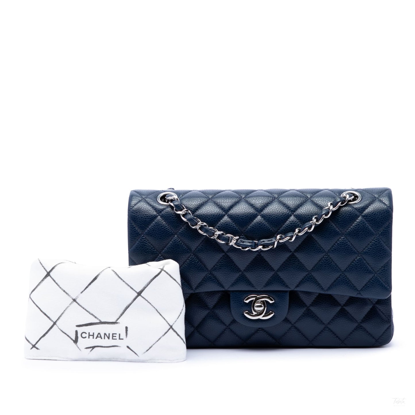 Second hand Chanel Classic Double Flap Medium Caviar Leather Matelassè Shoulder Bag Blue - Tabita Bags