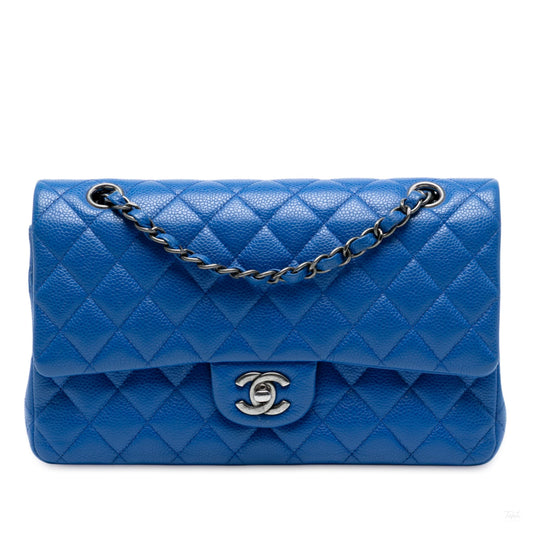 Second hand Chanel Classic Double Flap Medium Caviar Leather Matelassè Shoulder Bag Blue - Tabita Bags