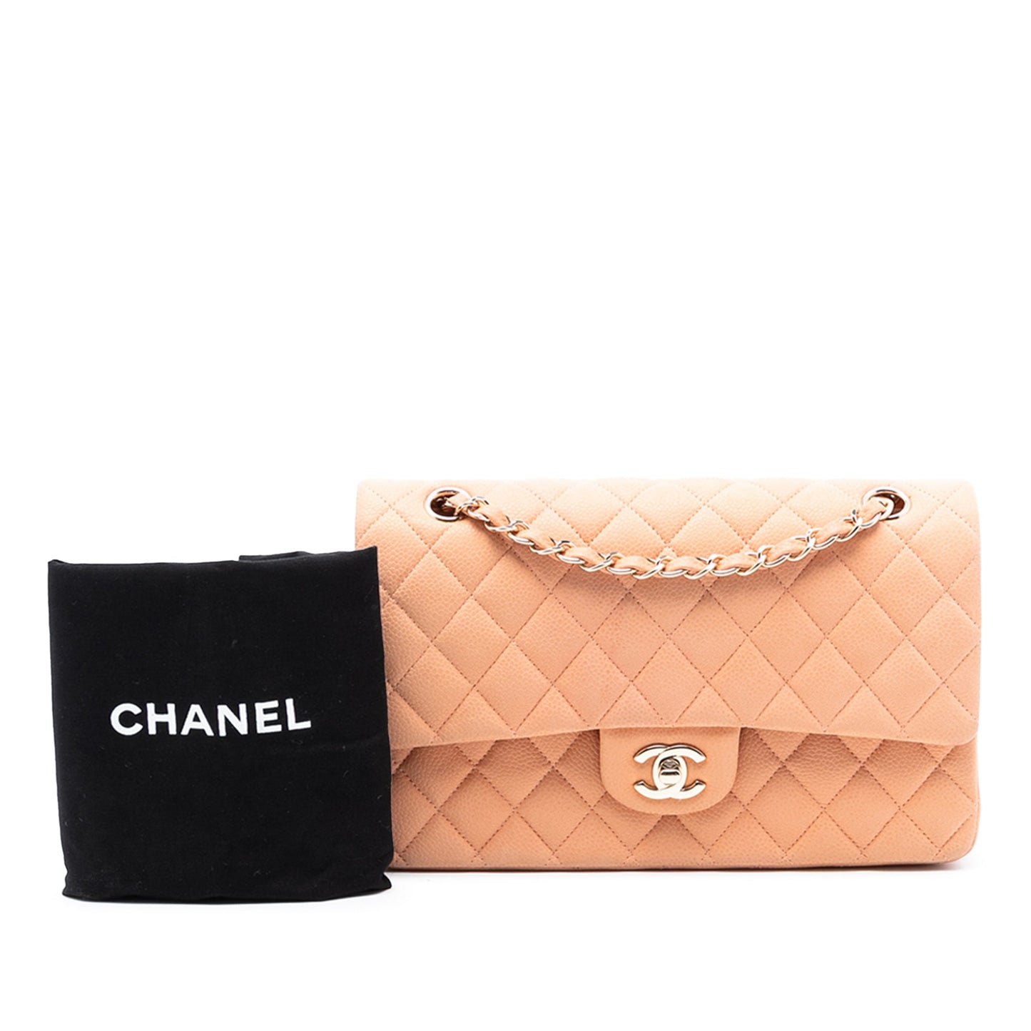 Second hand Chanel Classic Double Flap Medium Caviar Leather Matelassè Shoulder Bag Orange - Tabita Bags