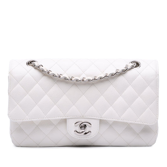 Second hand Chanel Classic Double Flap Medium Caviar Leather Matelassè Shoulder Bag White - Tabita Bags