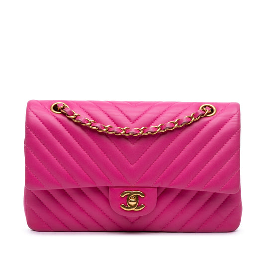 Second hand Chanel Classic Double Flap Medium Lambskin Leather Chevron Shoulder Bag Pink - Tabita Bags