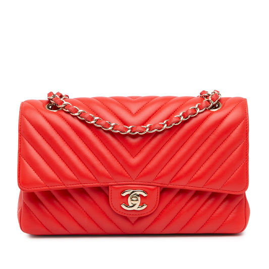 Second hand Chanel Classic Double Flap Medium Lambskin Leather Chevron Shoulder Bag Red - Tabita Bags