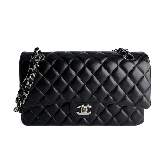 Second hand Chanel Classic Double Flap Medium Lambskin Leather Matelassè Shoulder Bag Black - Tabita Bags