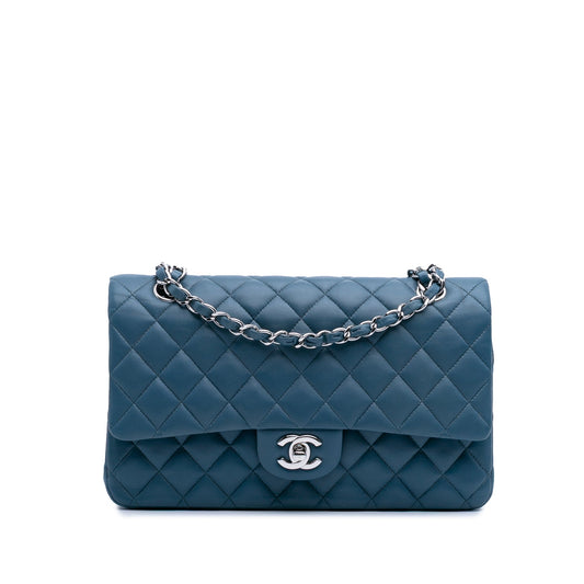 Second hand Chanel Classic Double Flap Medium Lambskin Leather Matelassè Shoulder Bag Blue - Tabita Bags