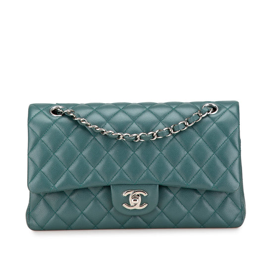 Second hand Chanel Classic Double Flap Medium Matelassè Caviar Leather Flap Shoulder Bag Green - Tabita Bags