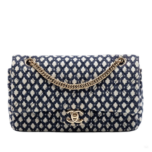 Second hand Chanel Classic Double Flap Medium Tweed Shoulder Bag Blue - Tabita Bags