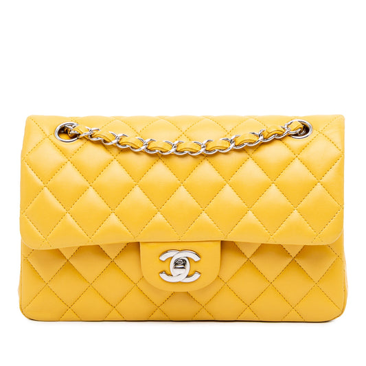 Second hand Chanel Classic Double Flap Small Matelassè Lambskin Flap Shoulder Bag Yellow - Tabita Bags