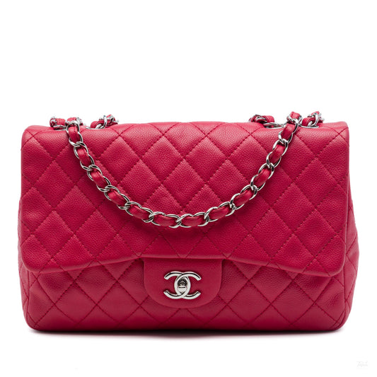 Second hand Chanel Classic Single Flap Jumbo Caviar Leather Matelassè Handbag Pink - Tabita Bags