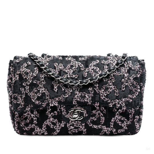 Second hand Chanel Classic Single Flap Medium Leather & Sequin Matelassè Crossbody Black - Tabita Bags