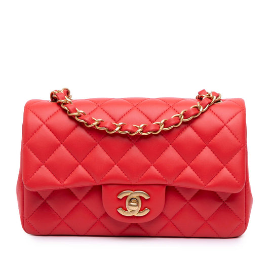 Second hand Chanel Classic Single Flap Mini Lambskin Leather Matelassè Shoulder Bag Red - Tabita Bags