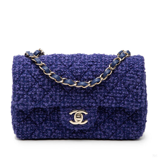 Second hand Chanel Classic Single Flap Mini Tweed Matelassè Shoulder Bag Blue - Tabita Bags