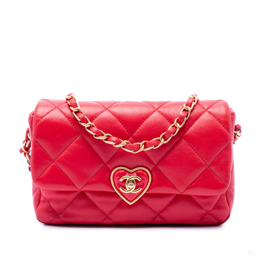 Second hand Chanel Coco Love Small Lambskin Leather Quilted Flap Shoulder Bag Red - Tabita Bags