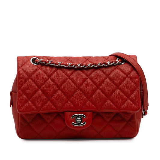 Second hand Chanel Easy Flap Medium Caviar Leather Quilted Shoulder Bag Orange - Tabita Bags