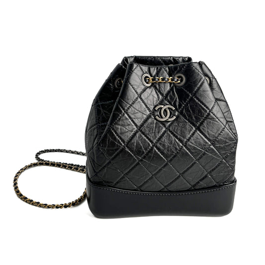 Second hand Chanel Gabrielle Matelassè Distressed Calfskin Leather 2 - Ways Bucket Backpack Black - Tabita Bags