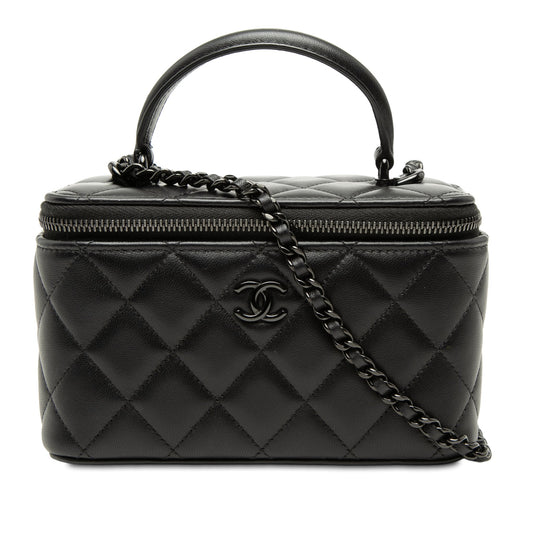 Second hand Chanel Vanity Case Small Lambskin Leather So Black Quilted with Chain Handbag Black - Tabita Bags