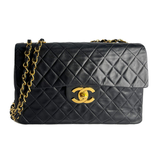 Second hand Chanel Vintage Classic Double Flap Maxi Jumbo XL Matelassè Lambskin Leather Flap Handbag Black - Tabita Bags