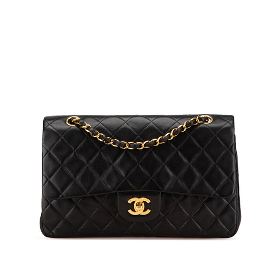 Second hand Chanel Vintage Classic Double Flap Medium Lambskin Leather Matelassè Shoulder Bag Black - Tabita Bags