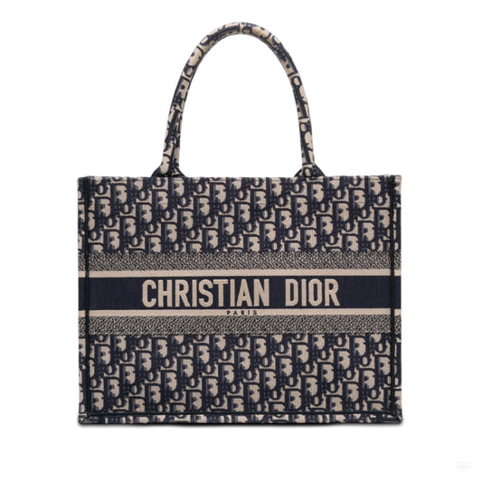 Second hand Dior Book Tote Medium Canvas Embroidery Handbag Oblique Blue - Tabita Bags