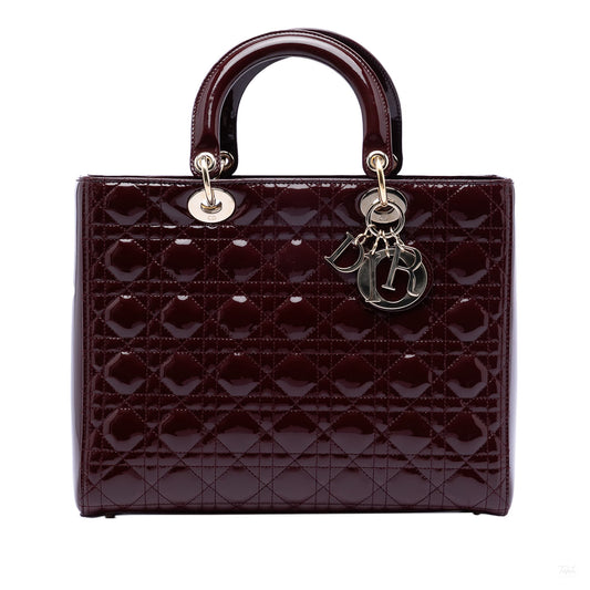 Second hand Dior Lady Dior Large Patent Leather Zip Cannage Tote Handbag Red - Tabita Bags