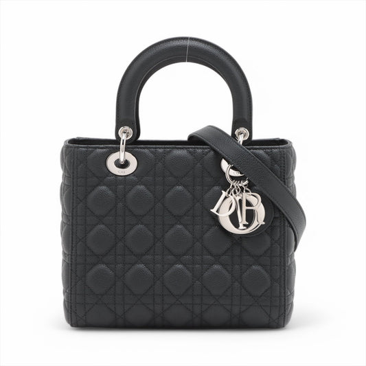 Second hand Dior Lady Dior Medium Cannage Grained Calfskin Leather 2 - Ways Tote Bag Black - Tabita Bags