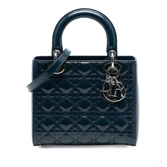 Second hand Dior Lady Dior Medium Patent Leather Cannage Tote Handbag Blue - Tabita Bags