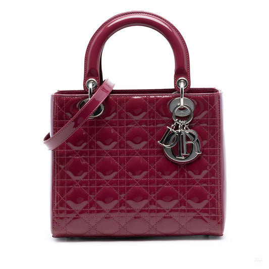 Second hand Dior Lady Dior Medium Patent Leather Zip Cannage Tote Handbag Pink - Tabita Bags