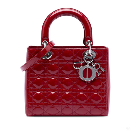 Second hand Dior Lady Dior Medium Patent Leather Zip Cannage Tote Handbag Red - Tabita Bags