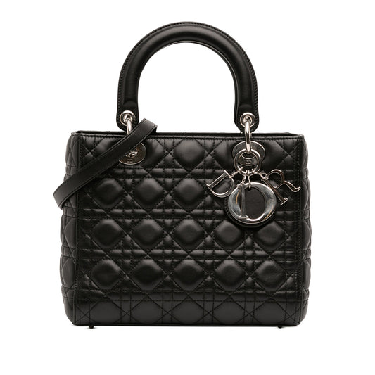 Second hand Dior Lady Dior Medium Zip Closure Cannage Lambskin Leather 2 - Ways Tote Bag Black - Tabita Bags