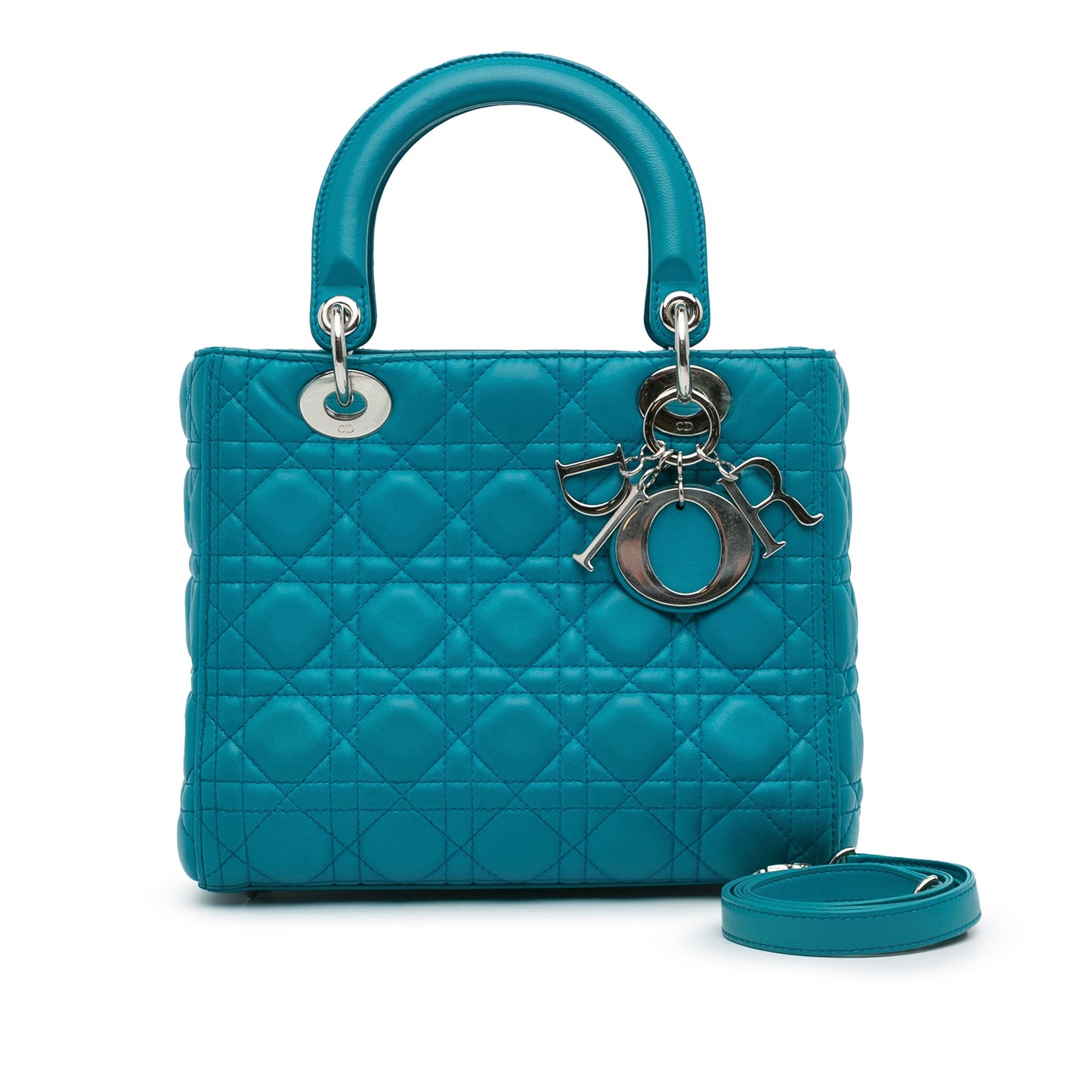 Second hand Dior Lady Dior Medium Zip Closure Cannage Lambskin Leather 2 - Ways Tote Bag Blue - Tabita Bags