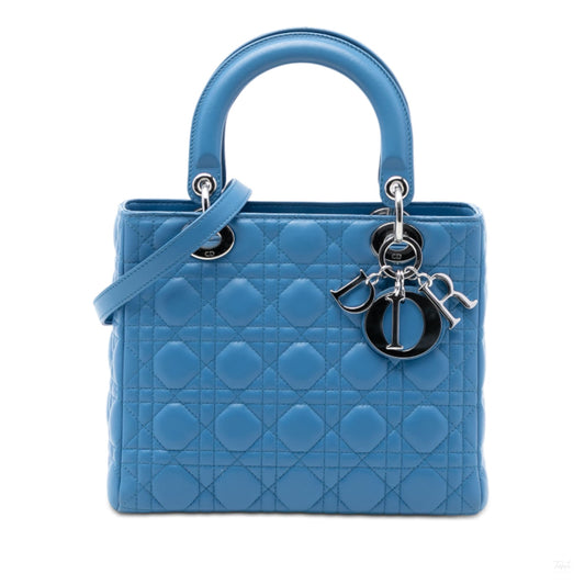Second hand Dior Lady Dior Medium Zip Closure Cannage Lambskin Leather 2 - Ways Tote Bag Blue - Tabita Bags