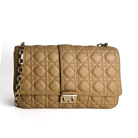 Second hand Dior Miss Dior Promenade Large Cannage Lambskin Leather Flap Shoulder Bag Beige - Tabita Bags