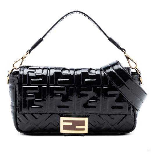 Second hand Fendi Zucca Medium Embossed Patent Leather Baguette Shoulder Bag Black - Tabita Bags