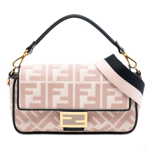 Second hand Fendi Zucca Medium Embroidered Canvas Baguette Shoulder Bag Pink - Tabita Bags