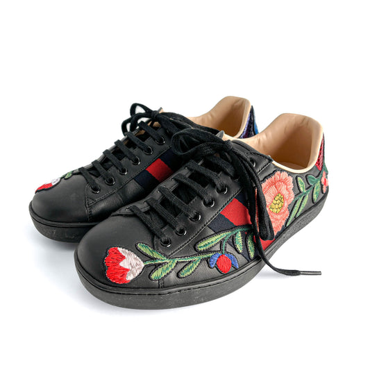 Second hand Gucci Ace Floral Embroidered Striped Leather Sneakers 40 Black - Tabita Bags