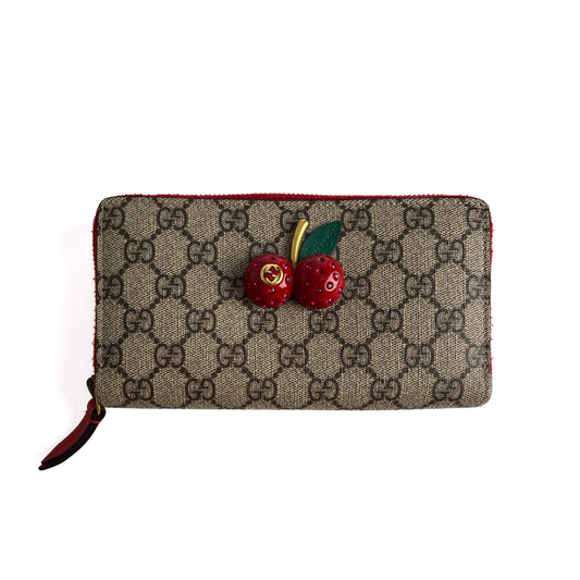 Second hand Gucci Cherry Canvas Long Zip Around Wallet GG Supreme - Tabita Bags